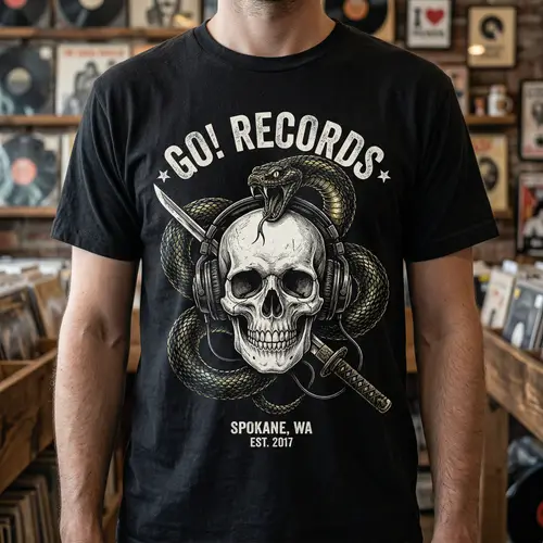 Dark Skull Headphones Snake T-Shirt Design - Go! Records