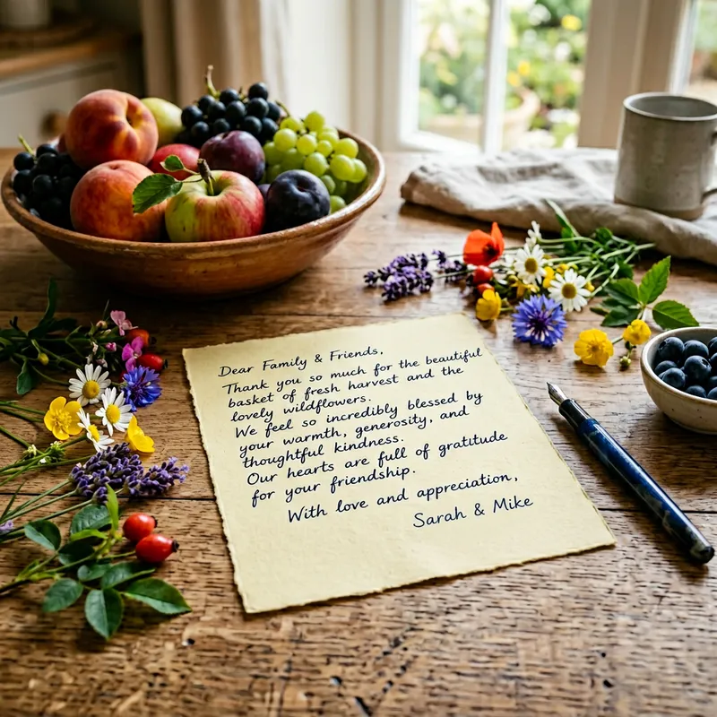 Gratitude Note on Weathered Wood Table with Fruits Gratitude Note on Weathered Wood Table with Fruits