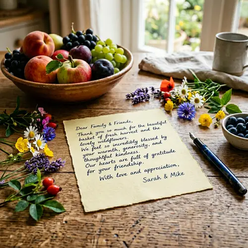 Gratitude Note on Weathered Wood Table with Fruits and Wildflowers