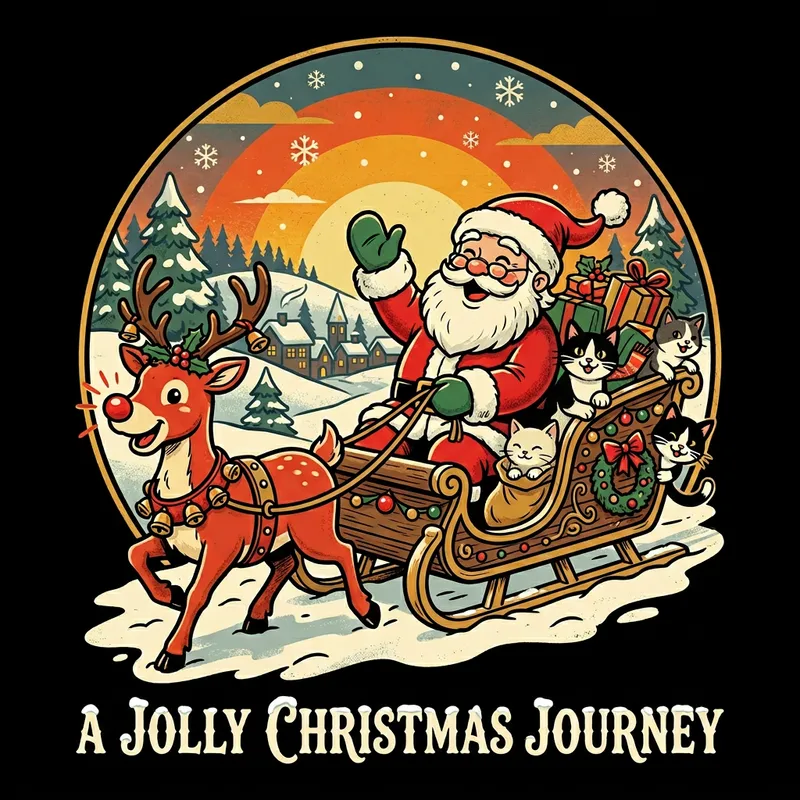 Vintage Sunset Artwork with Rudolph, Santa, Cats