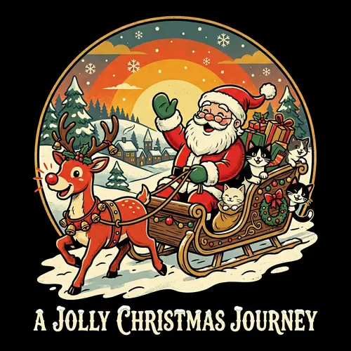 Vintage Sunset Scenery with Red-Nosed Deer and Cats