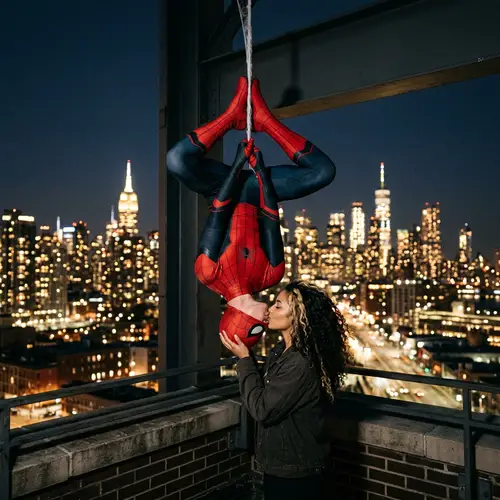 Spiderman Kissing Girl with Curly Blonde Hair - Romantic City Scene
