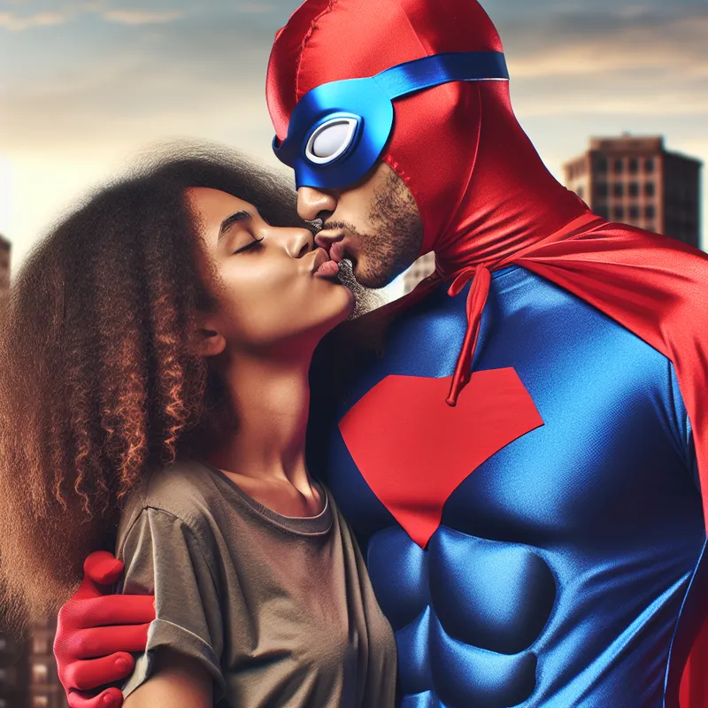 Superhero Kisses Girl with Curly Hair | Romantic City Scene
