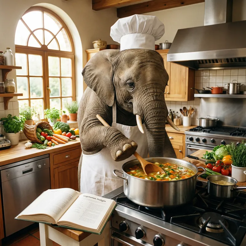 Elephant Chef in Spacious Kitchen | Vegetarian Delight Recipe