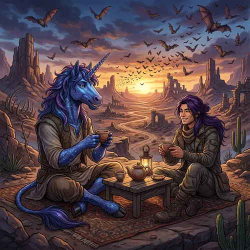Mystical Unicorn & Japanese Man in Apocalyptic Setting