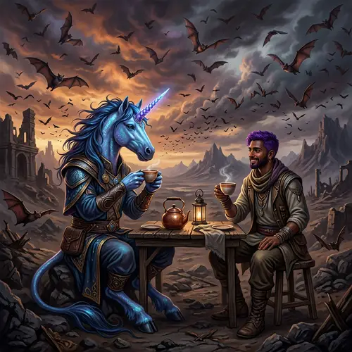 Magic in the Desert: Unicorn & Purple-Haired Man Tea Time