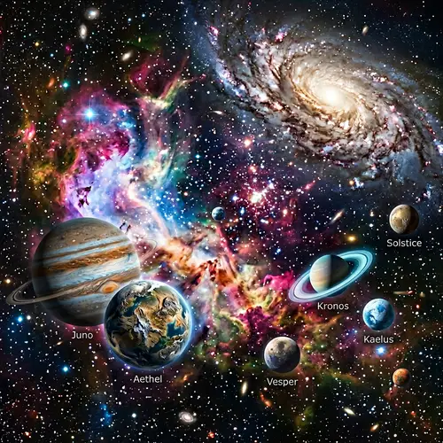 Vivid Cosmic Landscape with Multihued Nebula and Planets