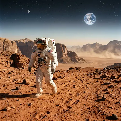 Astronaut Exploration of Mars: Rusty Ground, Enigmatic Landscape