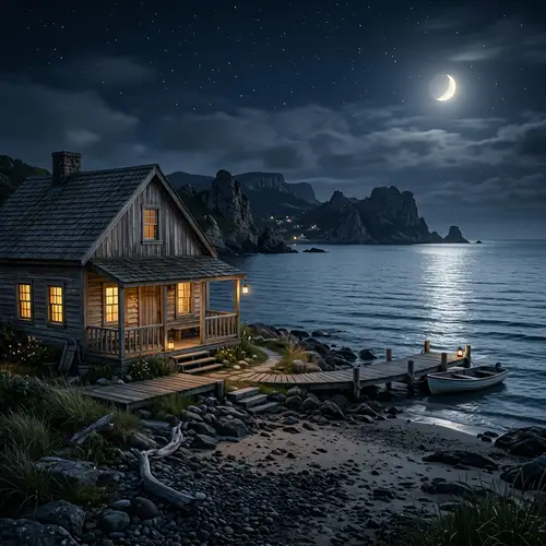 Tranquil Rustic Wooden House by Moonlit Sea | Sony Alpha 7III