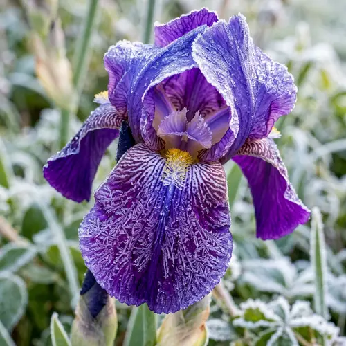 Intricate Frosty Patterns on Iris Petals | Beautiful Color Contrast