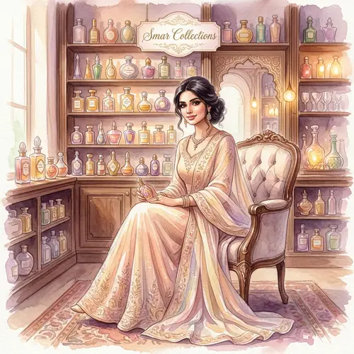Elegant Watercolor Art of South Asian Woman in Perfume Store