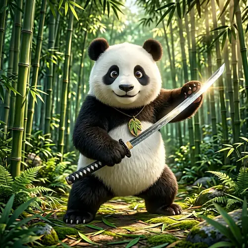 Cute Panda Bear Martial Arts Pose with Katana Sword