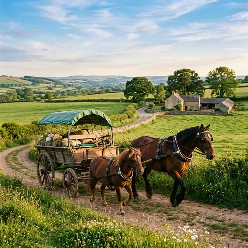 Majestic Horse and Playful Pony Pulling Rustic Cart