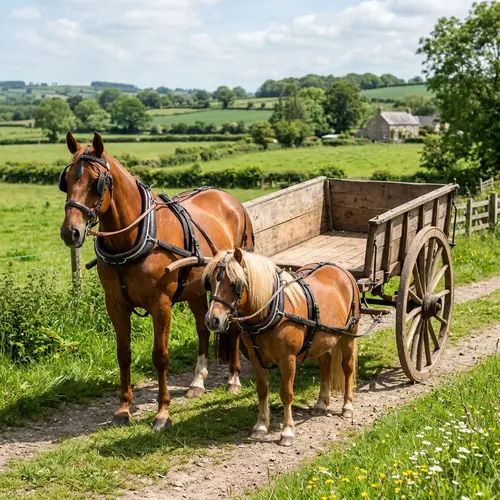 Beautiful Horse and Pony Pulling Empty Cart | Serene Field Scene