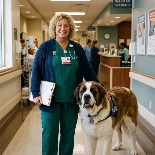 Caring Nurse with Saint Bernard Companion