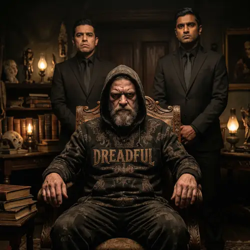 Fearsome Creative Man with Dreadful Clothing and Bodyguards