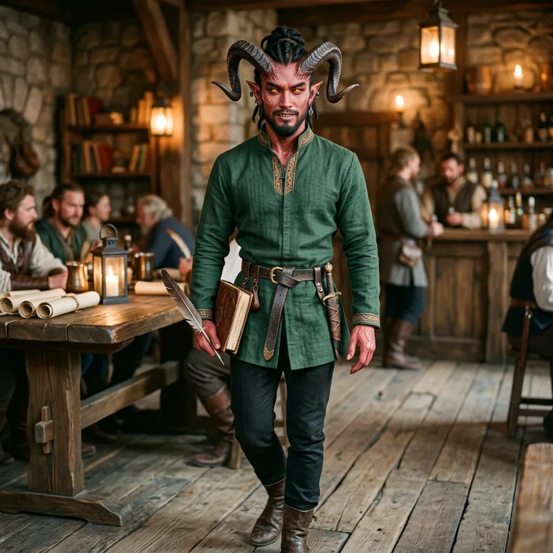 Asian Tiefling Man: Elegant Slim Build & Offworldly Features