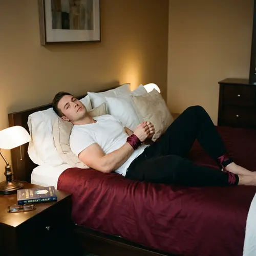 Muscular Man Tied to Bed | Neutral Expression | Soft Ropes