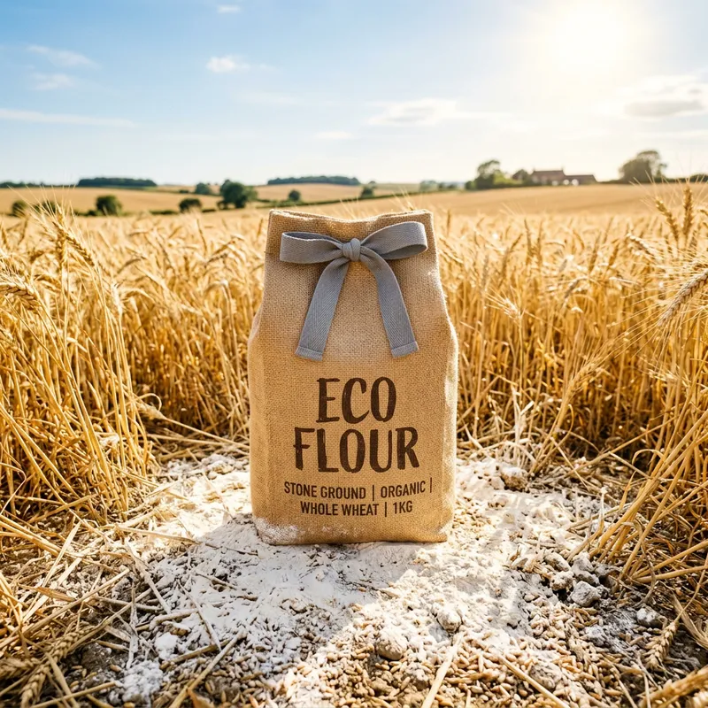 Golden Eco Flour Bag in Wheat Field - Sustainable Harvest Scene