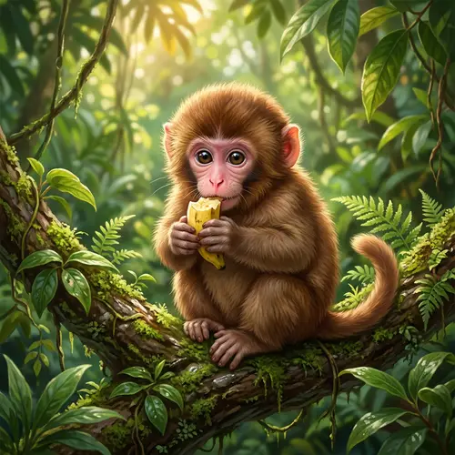 Chubby Baby Monkey Illustration in Tropical Rainforest | Brown Fur & Pink Face