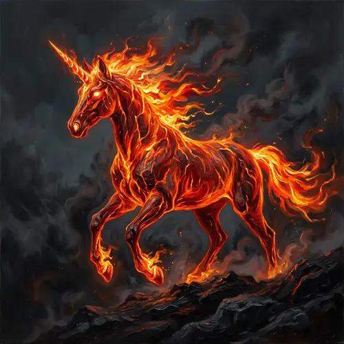 Fantastical Red, Orange, & Yellow Fiery Unicorn Painting