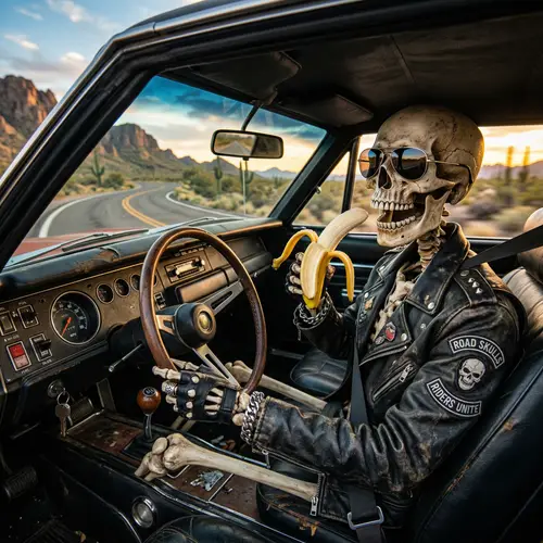 Badass Skeleton Eating Banana in a Car