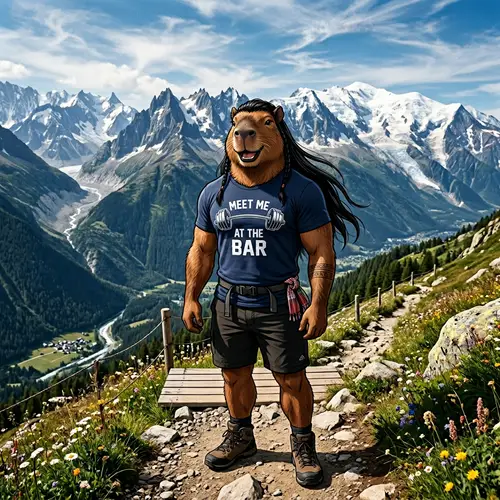 Majestic Mountains Background with Athletic Capybara Character