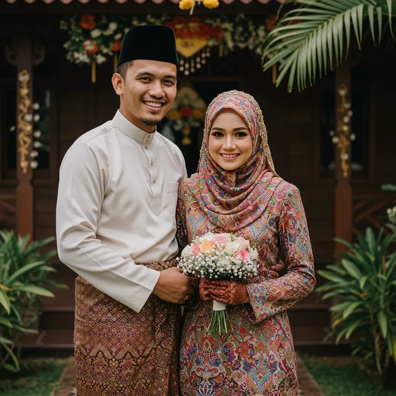 Malay Muslim Wedding Couple in Traditional Attire