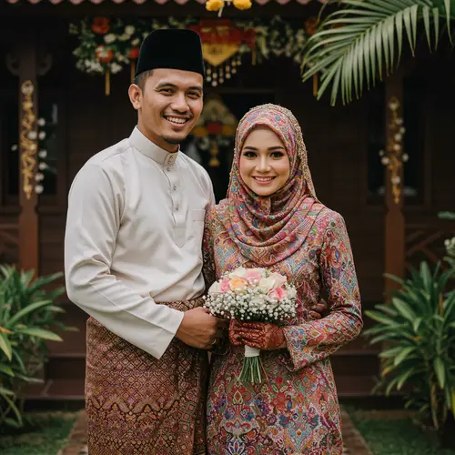 Malay Muslim Wedding Couple in Traditional Attire