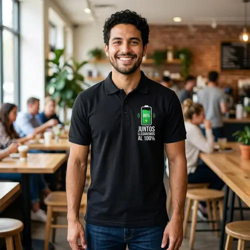 Stylish Black Polo Shirt with Charging Battery Design
