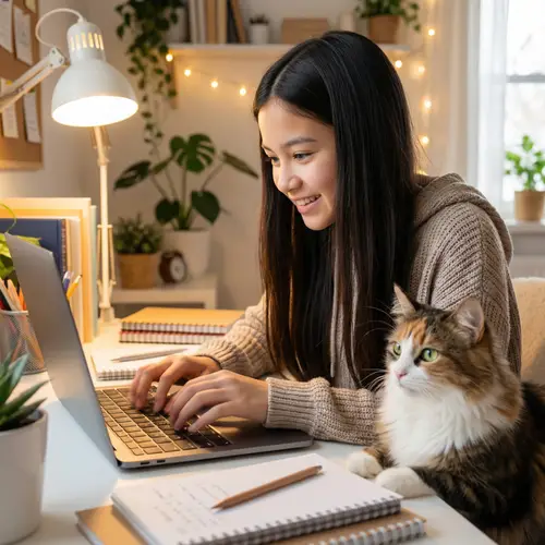 Teenage Girl Creating Content with Feline Companion | Website Name