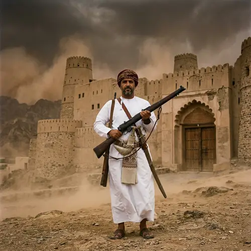 Omani Man in Traditional Attire with Dagger, Sword, and Rifle