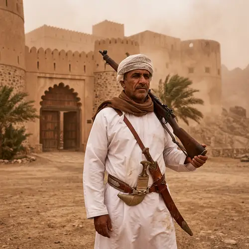 Traditional Omani Man with Dagger, Sword and Rifle at Ancient Castle