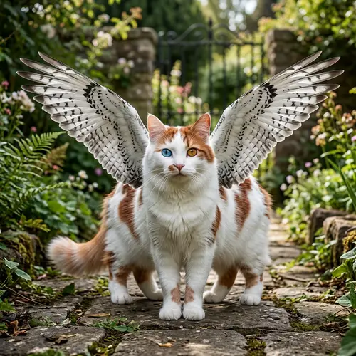 White Cat with Red Patches and Wings - Realistic Full-Body Portrait