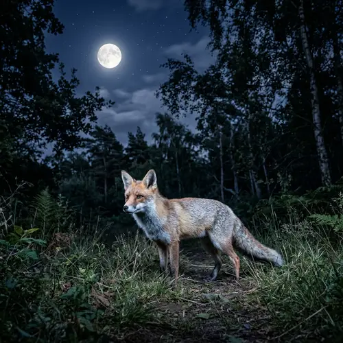 Serene Full Moon Scene with Fox in Silver Glow