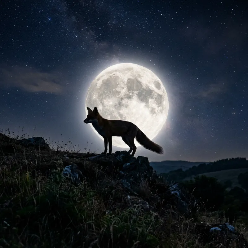 Fox Silhouette with Moon Glow - Night Sky Background
