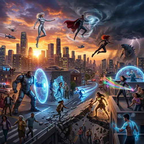 Cityscape Showdown: Epic Battle of Superheroes in A Vibrant Sunset