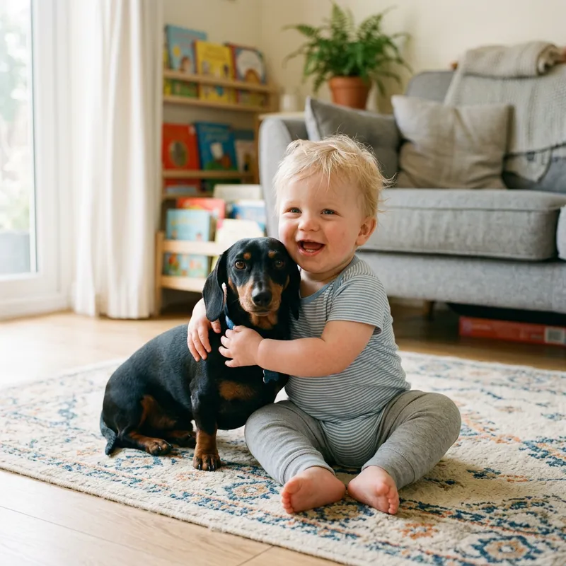 Cute Baby Boy with Black and Tan Dachshund