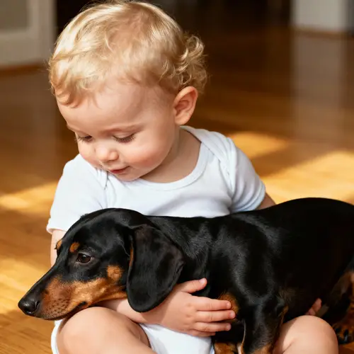 Cute Baby Boy with Black and Tan Dachshund