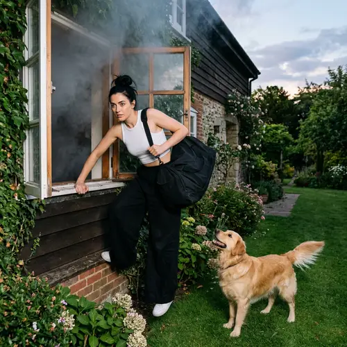 Young Woman Climbing Through Window with Golden Retriever