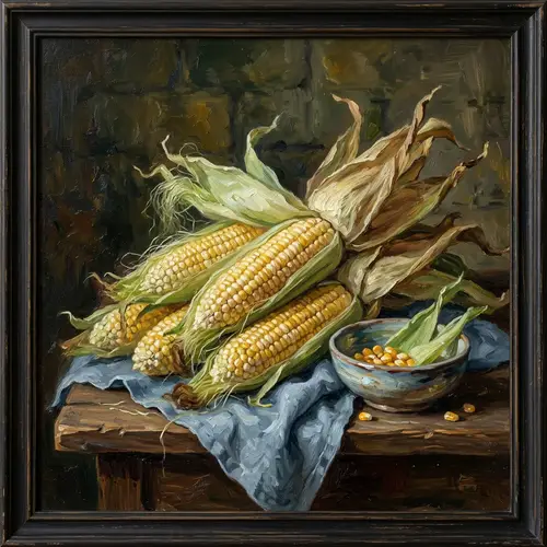 Vibrant Corn Still Life Oil Painting with Brushstrokes