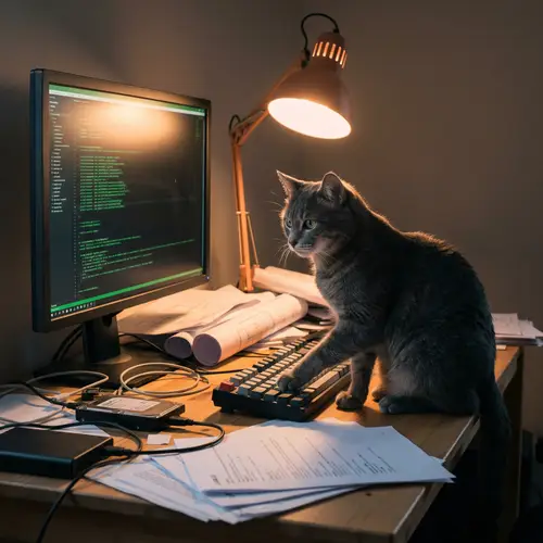 Grey Cat Hacking Computer in Dimly Lit Room | Code Kitty Scene