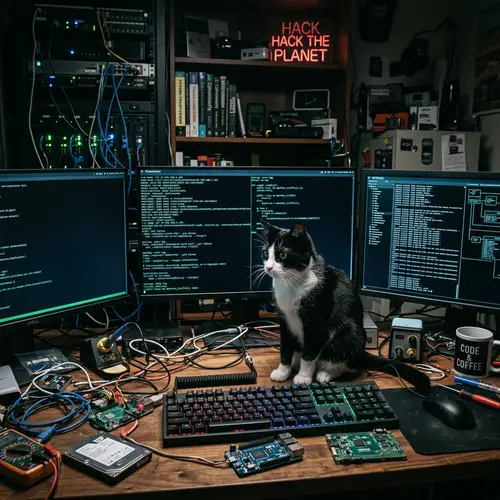 Tech-Savvy Feline: Hacker Cat in a Dimly Lit Lair