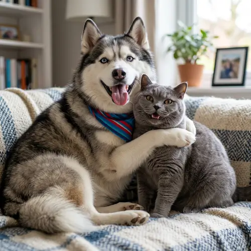 Adorable Overweight Husky and Plump British Cat Embracing Joyfully