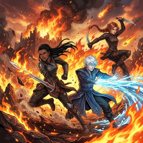 Epic Anime-style Characters in Fiery Battle Scene