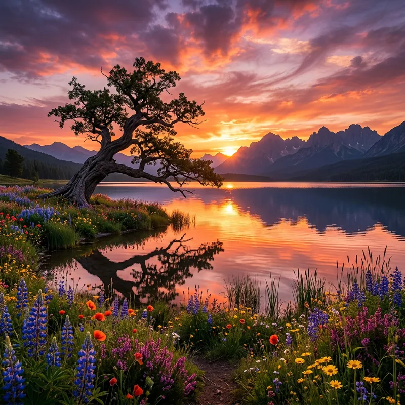 Captivating Sunset Landscape with Ancient Tree and Vibrant Flowers Captivating Sunset Landscape with Ancient Tree and Vibrant Flowers
