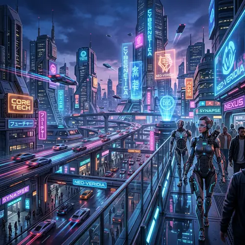 Futuristic Cybernetic Cityscape with Hover Cars & Cyborgs