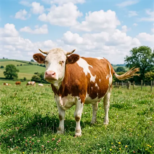 Happy Plump Cow in the Sunny Grassland