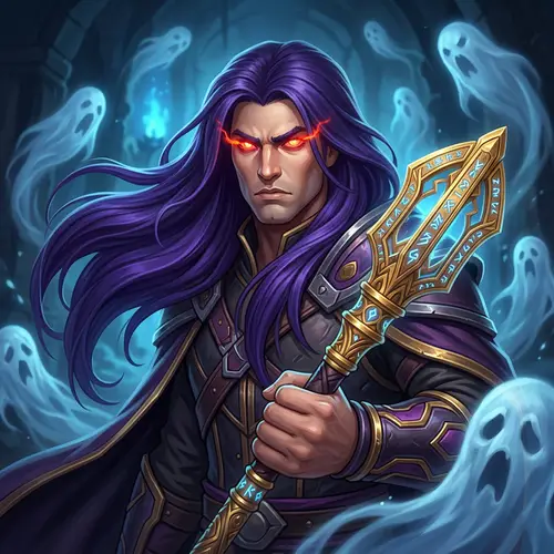 Male Anime Character with Long Purple Hair and Intense Aura