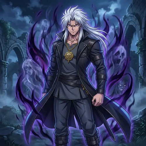 Intense Anime Character with White Hair and Purple Eyes